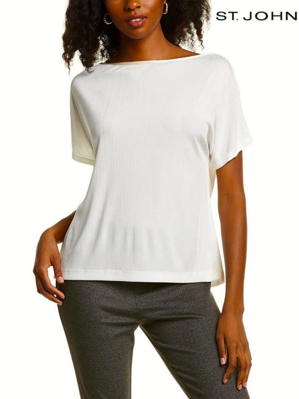 ST. JOHN COLLECTION WOMEN NWT BOATNECK SHORT SLEEVE VISCOSE BLEND ECRU TOP. SZ M